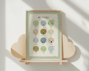 Póster con tabla de emociones para niños, lámina decorativa de emociones en acuarela (descarga digital)