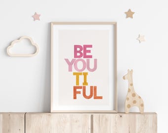 Lámina tipográfica colorida, arte mural en acuarela para habitación infantil, decoración para sala de juegos (descarga digital)