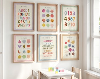 Láminas coloridas para la sala de juegos en casa, juego de 6 pósteres educativos, decoración para aula Montessori, descarga digital.