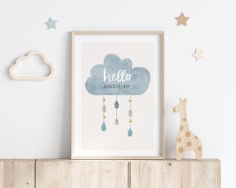 Impresión infantil de nube azul, arte mural infantil en acuarela, impresión infantil de Hola hermoso niño, descarga digital para bebé nuevo.