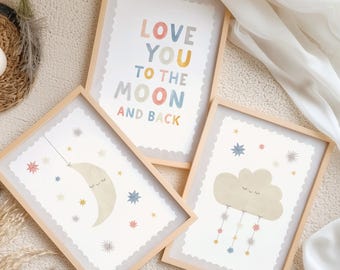 Láminas infantiles "Te quiero hasta la luna y de vuelta", juego de 3 láminas de acuarela con motivos celestiales para la pared de la sala de juegos (descarga digital).