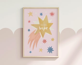 Lámina infantil "Estrellas Brillantes", arte mural pintado a mano para la sala de juegos (descarga digital)