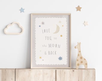 Decoración de pared para habitación infantil, lámina de luna y estrellas en acuarela, póster celestial para sala de juegos (descarga digital)