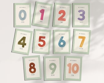 Tarjetas didácticas de números, tarjetas educativas de conteo del 0 al 10, tarjetas didácticas coloridas para el aula Montessori, aprendizaje preescolar, descarga digital.