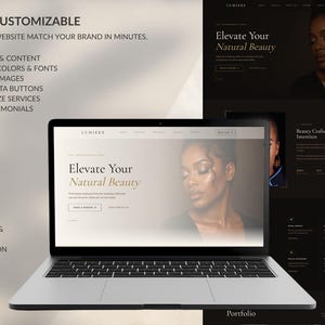 May include: A laptop displaying a website template with the text 'LUMIERE' and 'Elevate Your Natural Beauty'. The screen shows a portrait of a person, navigation menus, and buttons. Text on the left lists features like edit text, change colors, and add testimonials.