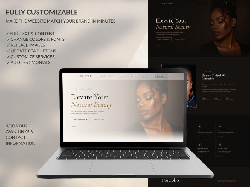 May include: A laptop displaying a website template with the text 'LUMIERE' and 'Elevate Your Natural Beauty'. The screen shows a portrait of a person, navigation menus, and buttons. Text on the left lists features like edit text, change colors, and add testimonials.