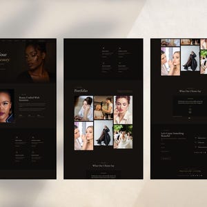 May include: A website design template featuring a dark color scheme with black backgrounds and white text. The layout includes sections for a portfolio, client testimonials, and service descriptions, showcasing photography of people receiving makeup services.