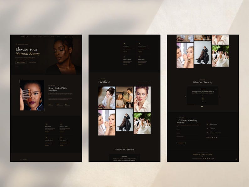 May include: A website design template featuring a dark color scheme with black backgrounds and white text. The layout includes sections for a portfolio, client testimonials, and service descriptions, showcasing photography of people receiving makeup services.