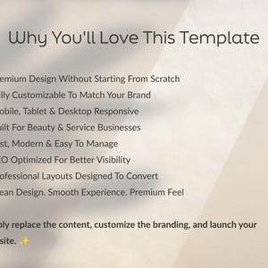 May include: A digital template information graphic with the heading Why You'll Love This Template. It lists eight features including premium design, customization, responsiveness, and SEO optimization, followed by instructions to replace content and launch.