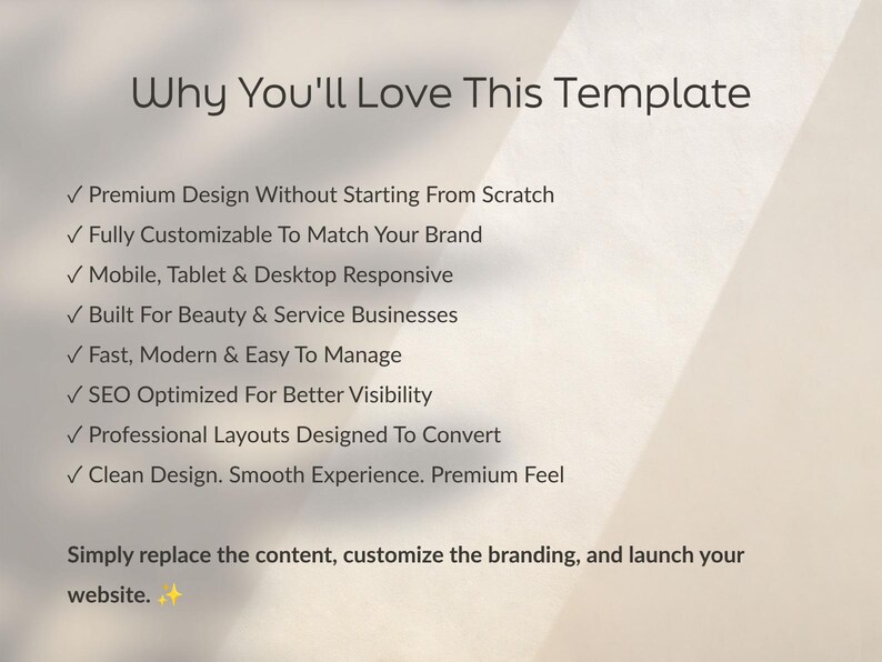 May include: A digital template information graphic with the heading Why You'll Love This Template. It lists eight features including premium design, customization, responsiveness, and SEO optimization, followed by instructions to replace content and launch.