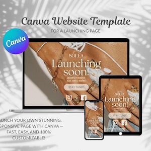 May include: A Canva website template for a launching page, displayed on a laptop, tablet, and smartphone. The template features the text "SOLEA Launching soon!" and the Canva logo. The design includes jewelry and social media icons.