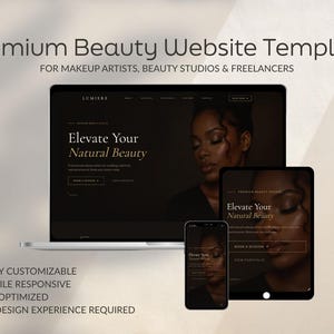May include: A premium beauty website template displayed on a laptop, tablet, and smartphone. The screens feature the text "Premium Beauty Website Template," "Elevate Your Natural Beauty," and "Book a Session" over a dark background with a portrait.