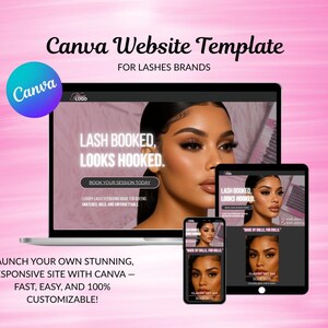 May include: A promotional image showcasing a Canva website template for lash brands. The design is displayed on a laptop, tablet, and smartphone, featuring a woman with dramatic eye makeup. Text includes "Lash Booked, Looks Hooked."