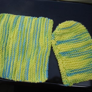 Hand Knit Wash Mitt and Wash Cloth Set