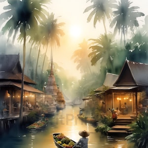 Puede incluir: Pintura a la acuarela de una escena de canal con palmeras y edificios tradicionales. Una persona rema un bote lleno de productos. La escena está bañada por la cálida luz del sol, creando una atmósfera tranquila.