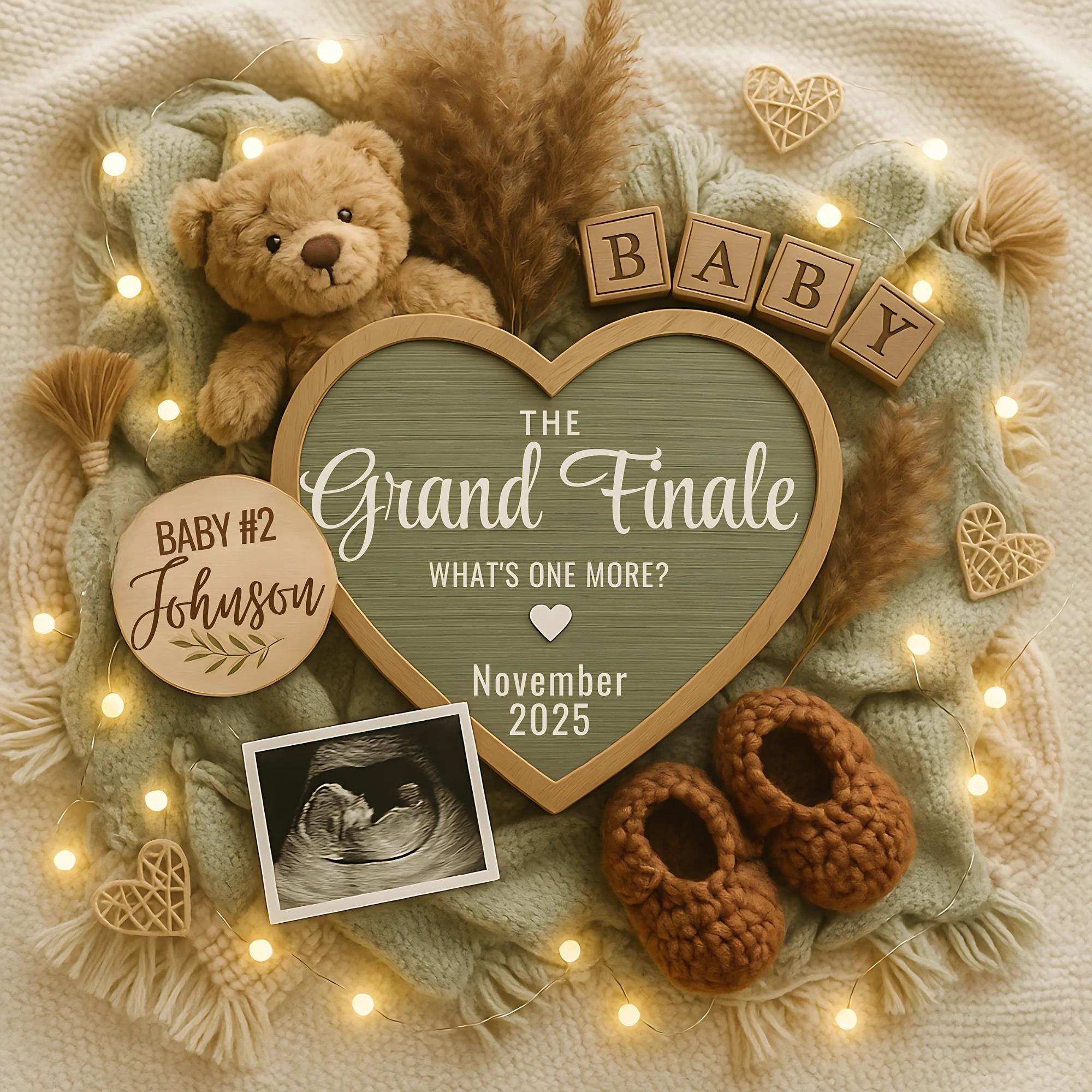 Grand Finale Pregnancy Announcement, Pregnancy Announcement to Husband, Editable Last Baby 2nd 3rd Child Template, Digital Boho Bear Heart