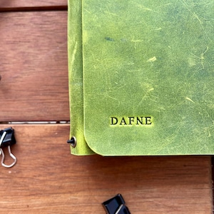 K&ouml;nnte beinhalten: Nahaufnahme eines gr&uuml;nen Lederjournals mit dem Namen "DAFNE" auf dem Einband. Das Journal ist ge&ouml;ffnet und zeigt das strukturierte Leder. Zwei schwarze B&uuml;roklammern liegen auf einer Holzoberfl&auml;che.