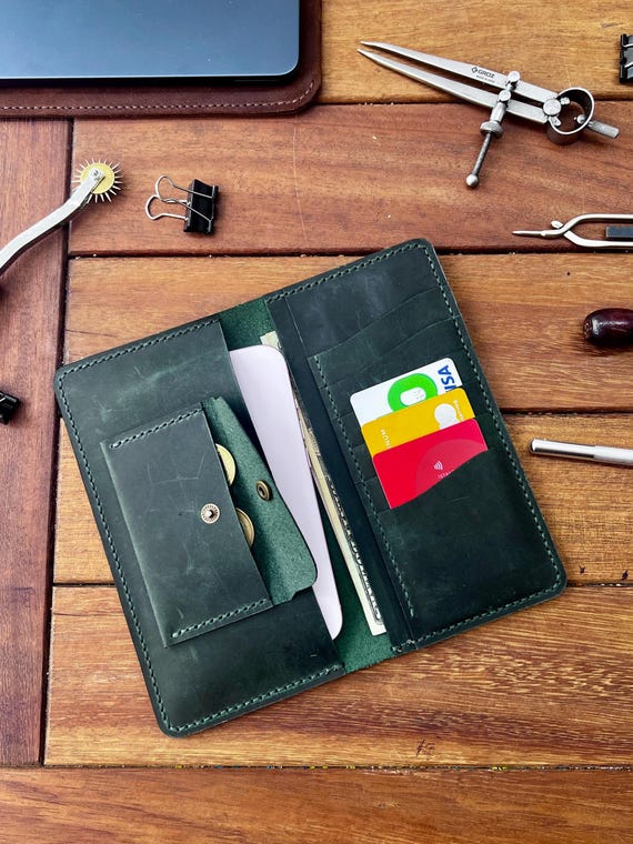 Personalized Leather Long Wallet: Phone & Coin Holder, Handmade
