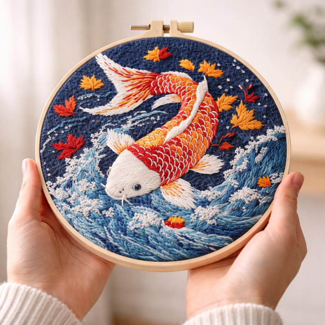 Koi Fish Embroidery Kit for Beginners, Japanese Carp DIY Needlework Kit ...