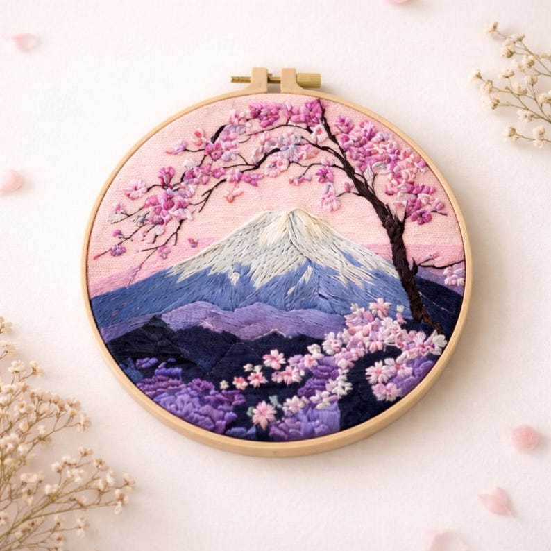 Mount Fuji Sakura Embroidery Kit DIY – Cherry Blossom Landscape ...