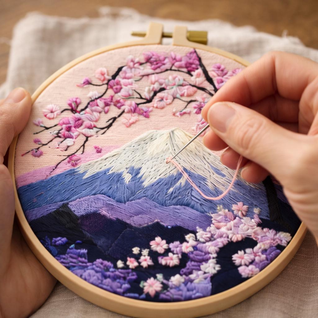 Mount Fuji Sakura Embroidery Kit DIY – Cherry Blossom Landscape ...