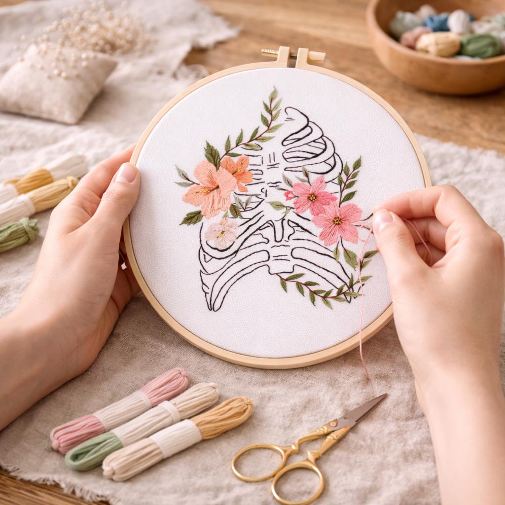 Diy String Rib Cage Floral Rib Cage Embroidery Kit Beginner DIY, Anatomy Needlework Kit ...