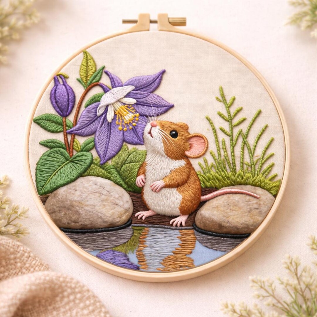 Cute Mouse Embroidery Kit Beginner DIY, Animal Needlework Kit, Floral ...