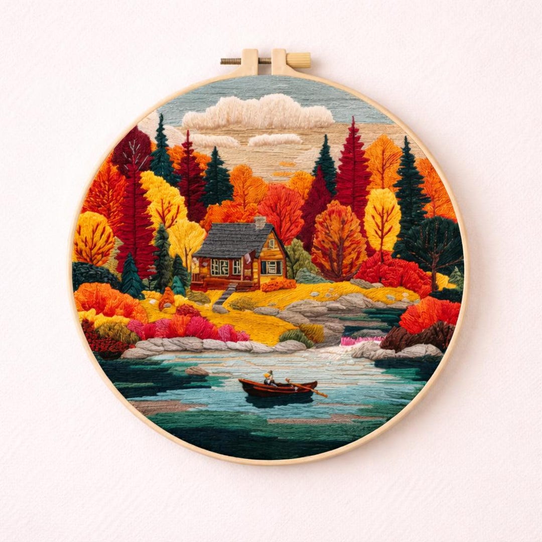 DIY Embroidery Kit Autumn Landscape Cabin, Beginner Needlework Kit ...