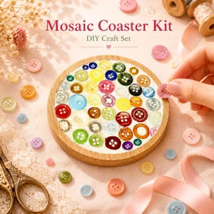 Button Mosaic Coaster DIY Kit | Cute Handmade Craft Kit for Adults & Teens | Beginner Friendly Hobby Gift | Cottagecore Decor