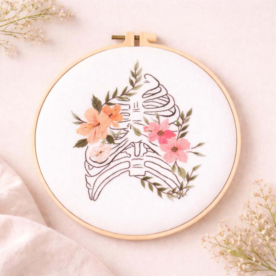 Diy String Rib Cage Floral Rib Cage Embroidery Kit Beginner DIY, Anatomy Needlework Kit ...
