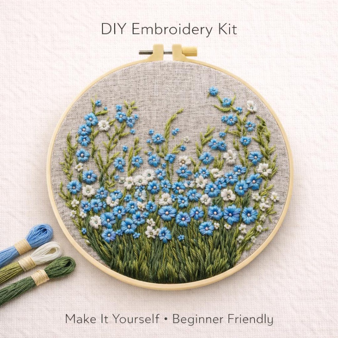 Botanical Embroidery Kit DIY Beginner Floral Needlework Hoop Art Blue ...