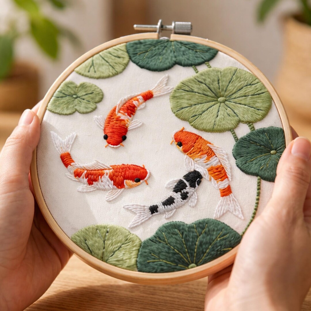 Koi Fish Embroidery Kit for Beginners, Japanese Pond DIY Embroidery Kit ...
