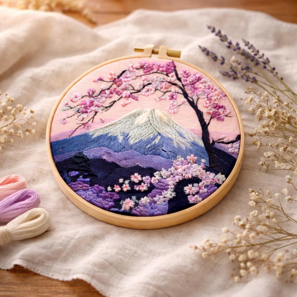 Mount Fuji Sakura Embroidery Kit DIY – Cherry Blossom Landscape ...