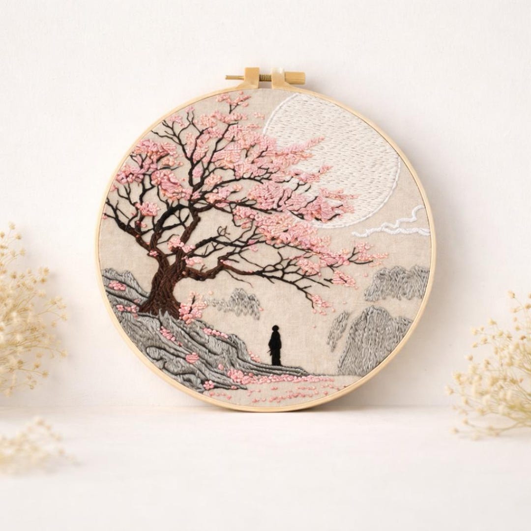 Cherry Blossom Embroidery Kit DIY – Japanese Sakura Landscape, Beginner ...