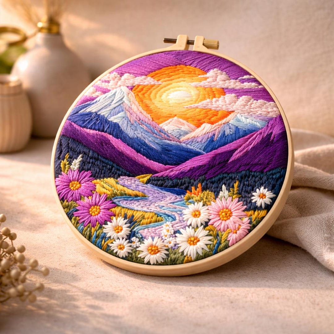 Mountain Sunset Embroidery Kit, Colorful Landscape DIY Needlework ...