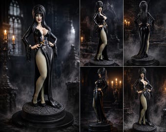 Op de afbeelding: Een verzamelfiguur van een personage met lang zwart haar, een bleke huid en rode lippenstift, gekleed in een nauwsluitende zwarte jurk met een hoge split en een dolkriem. Het figuur staat op een ronde sokkel met een steenachtige textuur.