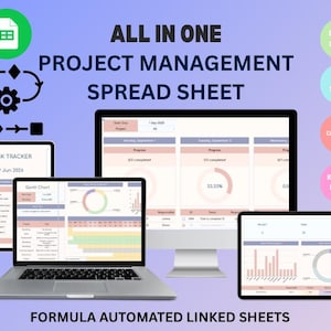 May include: An all-in-one project management spreadsheet displayed on a computer monitor, a laptop, and a tablet. The interface features task trackers, Gantt charts, calendars, and Kanban boards with formula-automated linked sheets for project organization.