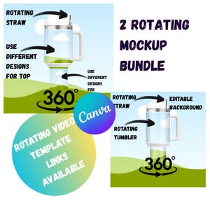 May include: A mockup bundle featuring two rotating tumblers with a rotating straw. The design allows for different designs for the top and has an editable background. The image includes the text "2 Rotating Mockup Bundle".