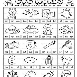 May include: A black and white educational worksheet titled CVC WORDS featuring a grid of twenty illustrations including a cat, bat, bed, sun, hat, car, dog, fish, log, cup, pen, net, six, lip, trash can, hen, web, cap, pin, and boy.