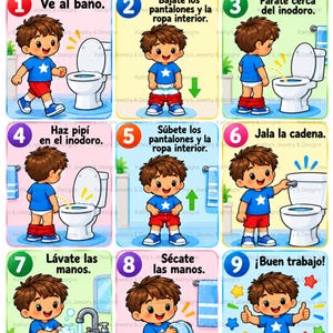 May include: A nine-step instructional poster titled ¡Vamos al Baño! featuring a cartoon child in a blue star shirt and red shorts demonstrating toilet training steps, including using the toilet, flushing, and washing hands.