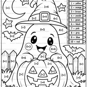 May include: A black and white multiplication coloring worksheet featuring a ghost wearing a witch hat and holding a jack-o'-lantern. The page includes a moon, stars, bats, a fence, and a color key with numbers zero through ten.
