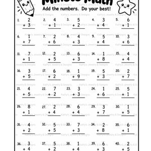 May include: A black and white printable worksheet titled Minute Math with spaces for Name and Date. It features a cartoon pencil and star, forty addition problems, and the text You Can Do It at the bottom, all set against a white background.