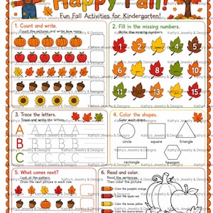 May include: A printable educational worksheet titled Happy Fall! Fun Fall Activities for Kindergarten! featuring a scarecrow, autumn leaves, and a tree. It includes six sections for counting, missing numbers, tracing letters, shapes, patterns, and coloring.