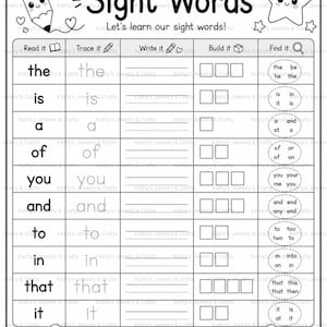 Può includere: Una scheda didattica in bianco e nero intitolata Sight Words con una sezione per il nome, un'illustrazione di matita e stella, e una tabella con colonne per Read it, Trace it, Write it, Build it e Find it, con un orso e un coniglio.