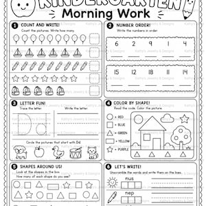 May include: A black and white kindergarten morning work worksheet featuring six educational sections including counting, number ordering, letter tracing for Dd, colour by shape, shape identification, and word unscrambling with illustrations of school supplies.