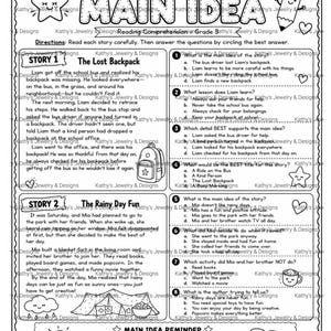 Könnte beinhalten: Ein schwarz-weißes Arbeitsblatt zum Leseverständnis mit dem Titel Find the Main Idea. Es enthält zwei Geschichten, The Lost Backpack und The Rainy Day Fun, mit Multiple-Choice-Fragen, einem Merkkasten und verschiedenen Strichzeichnungen.