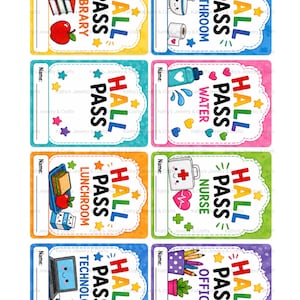 May include: A set of eight colorful hall pass cards featuring illustrations for library, bathroom, water, lunchroom, nurse, technology, and office. Each card includes the text HALL PASS, a name line, and decorative stars on a patterned background.