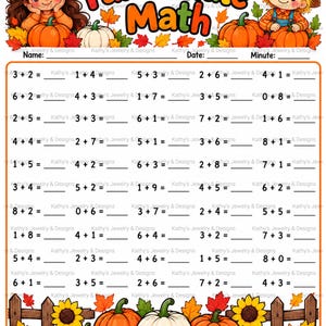May include: A Fall Minute Math worksheet featuring cartoon characters, pumpkins, and autumn leaves. The header reads Fall Minute Math with fields for Name, Date, and Minute. The body contains rows of addition problems with blank lines.
