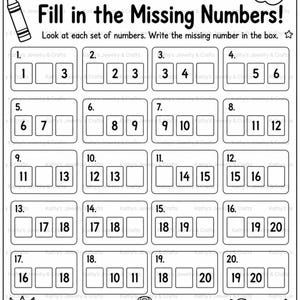 May include: A black and white educational worksheet titled Fill in the Missing Numbers! featuring twenty numbered boxes with sequences to complete. The page includes illustrations of crayons, an apple, a backpack, and books for children to colour.