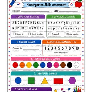 May include: A colorful Kindergarten Skills Assessment worksheet featuring the title We Can Do It! with sections for uppercase and lowercase letters, counting, numbers 1-10, basic colors, shapes, and writing a first name, decorated with school supplies.